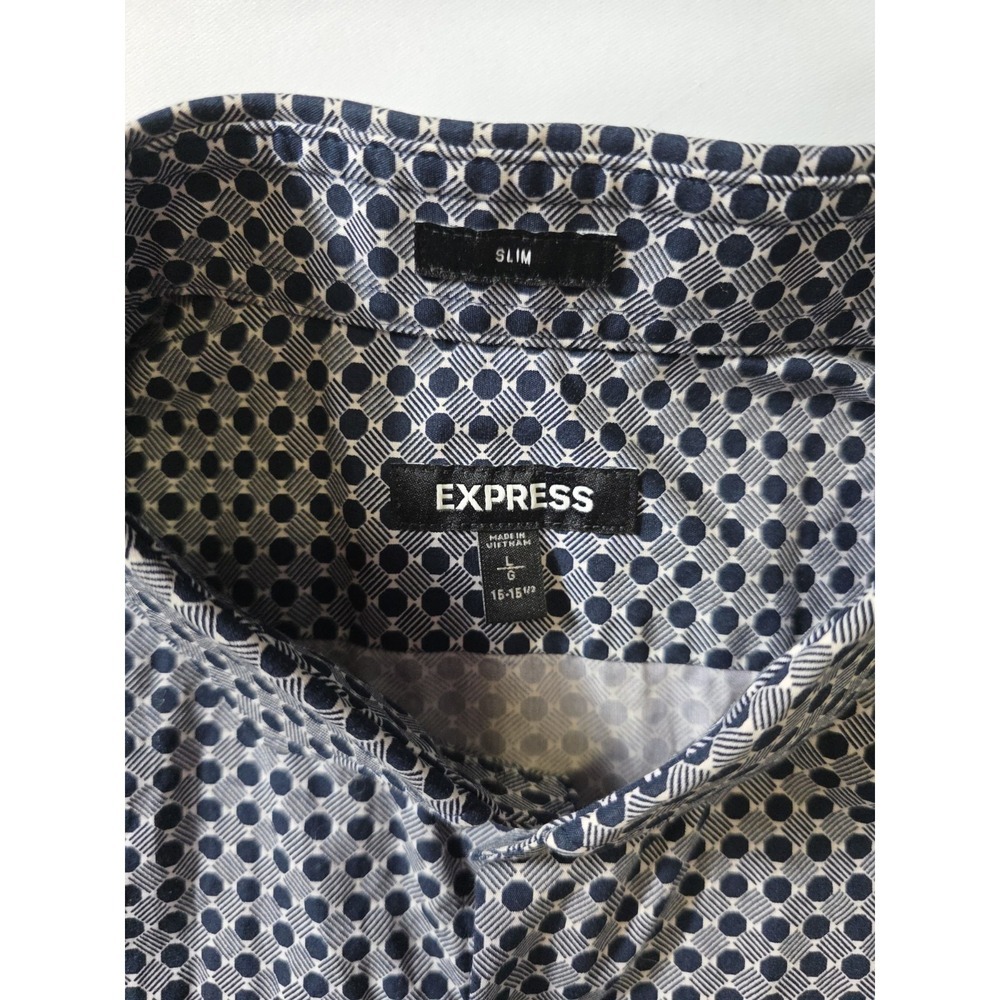 Express Slim Fit Dress Shirt Men 15-15.5 L Blue Geometric Button Up - Picture 8 of 10